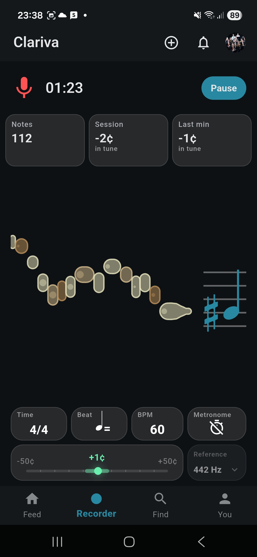 Clariva recorder screen showing live note feedback